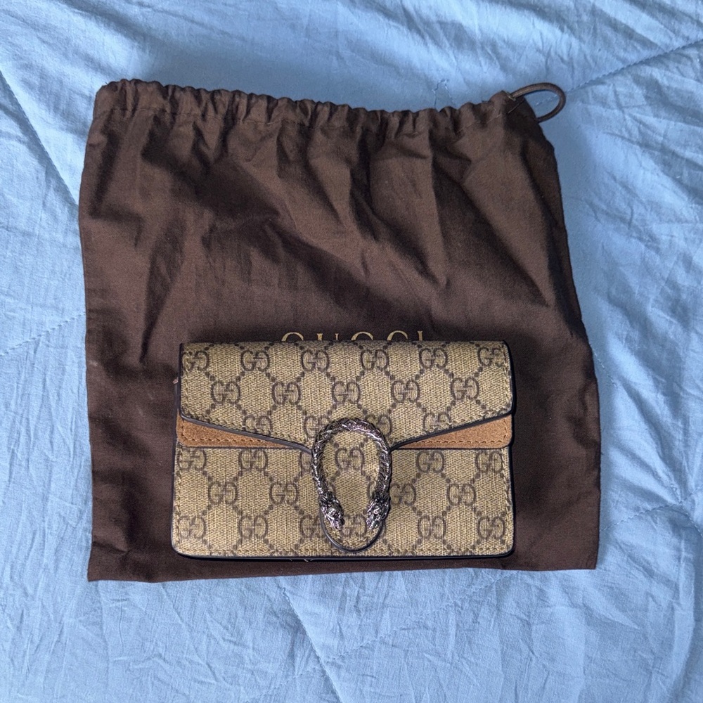 Gucci Beige Brown GG Mini Supreme Crossbody Bag with Dionysus Buckle
